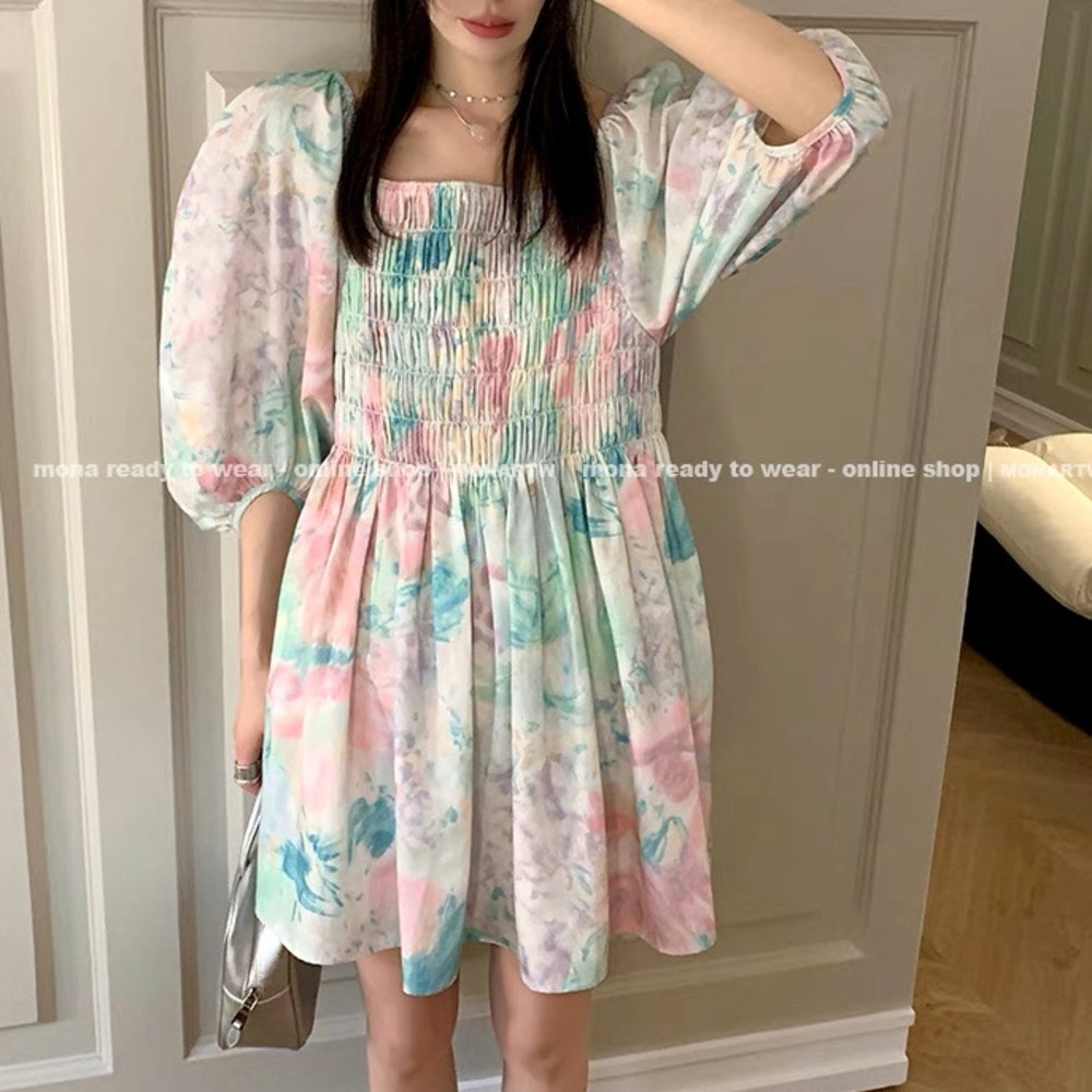 Floral Print Short Dress Textured Smocked Elastic Mini Dress Pink/Green/Colors